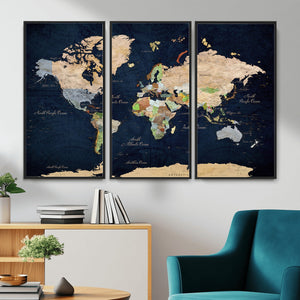 Minimalist World Map Canvas Wall Art - Watercolor Blue and