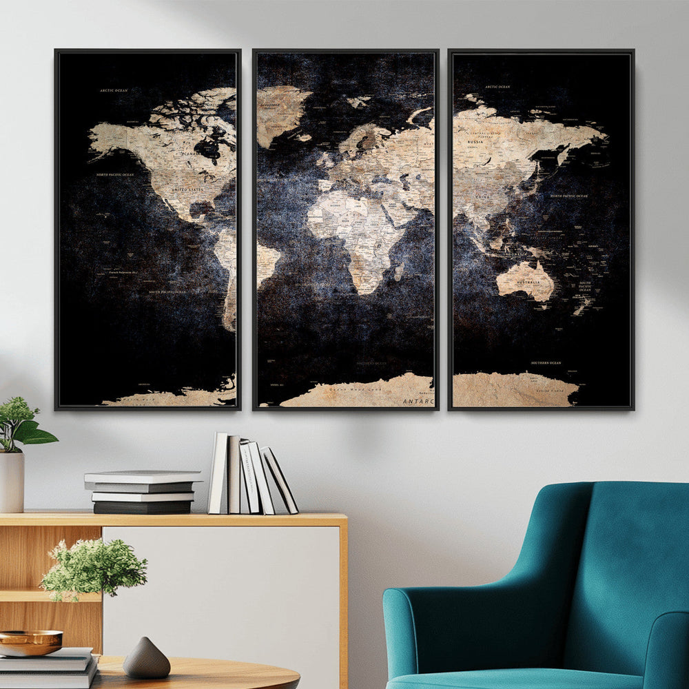 Grunge World Map Wall Art | 3-Panel Large Beige and Brown
