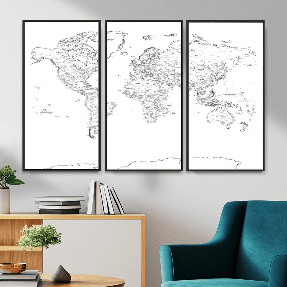 World Map Canvas Print – Framed Modern Detailed Map of the