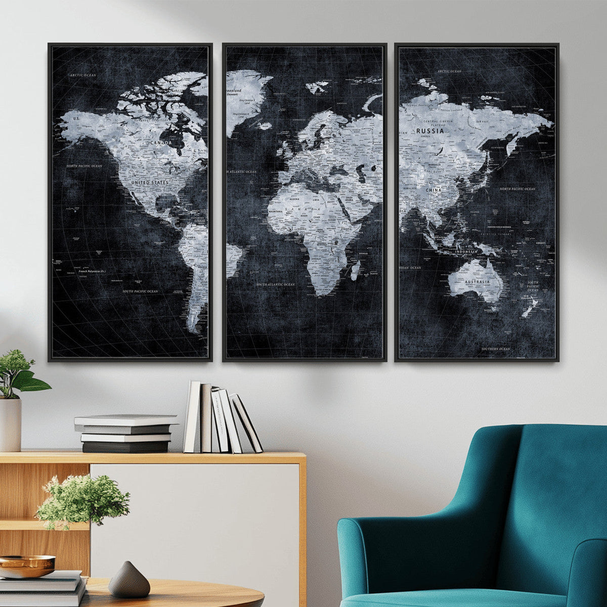 Black World Map Canvas Print – Detailed Map for Couples and