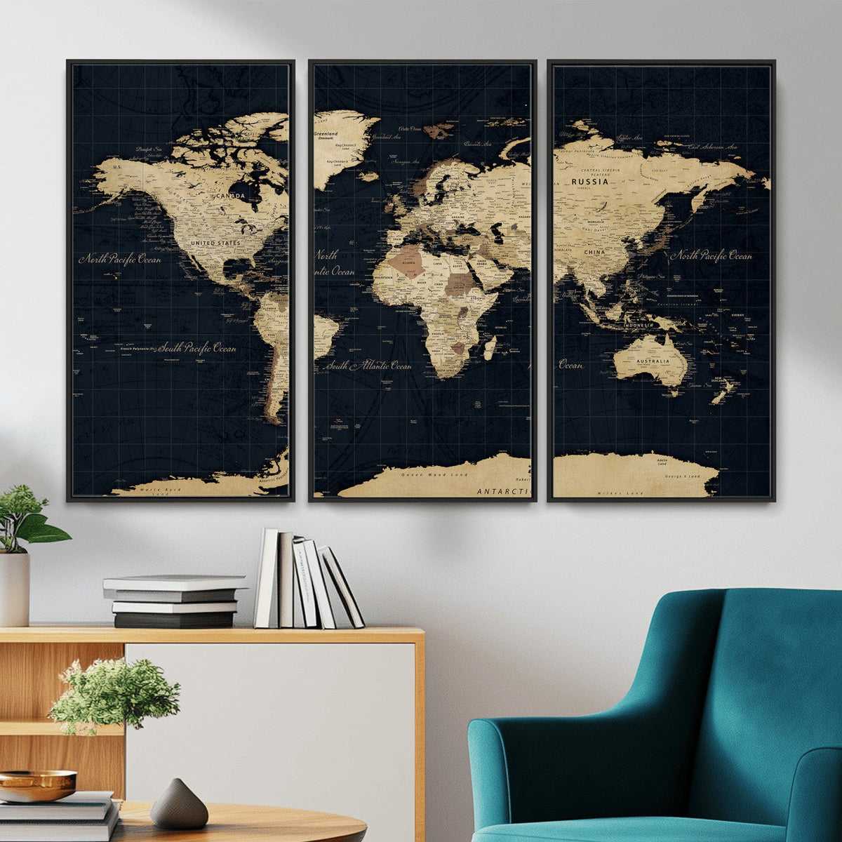 Dark World Map Canvas Wall Art Print, Minimal Black and Gold