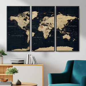 Dark World Map Canvas Wall Art Print, Minimal Black and Gold