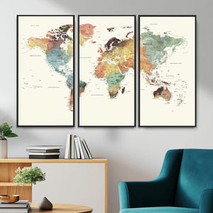 Framed World Map Wall Art Canvas Print for Living Room and