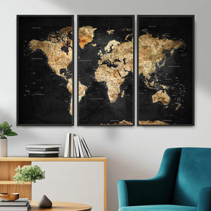 World Map Canvas Wall Art with Famous Landmarks – Framed