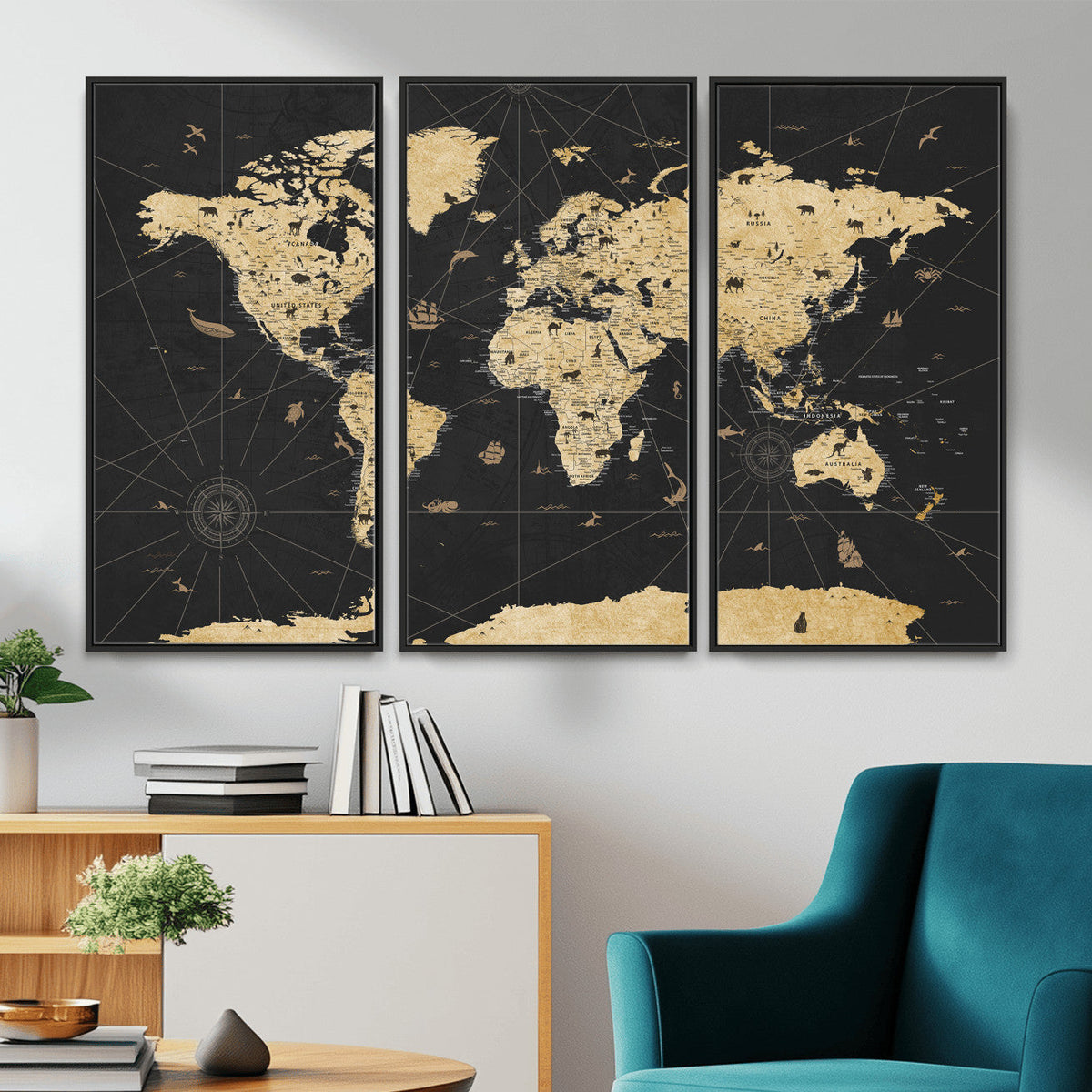 Vintage Blue and Brown World Map Canvas Wall Art – Framed
