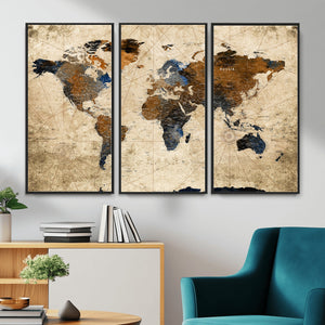 World Map Wall Art Canvas Print, Modern Decorative Framed