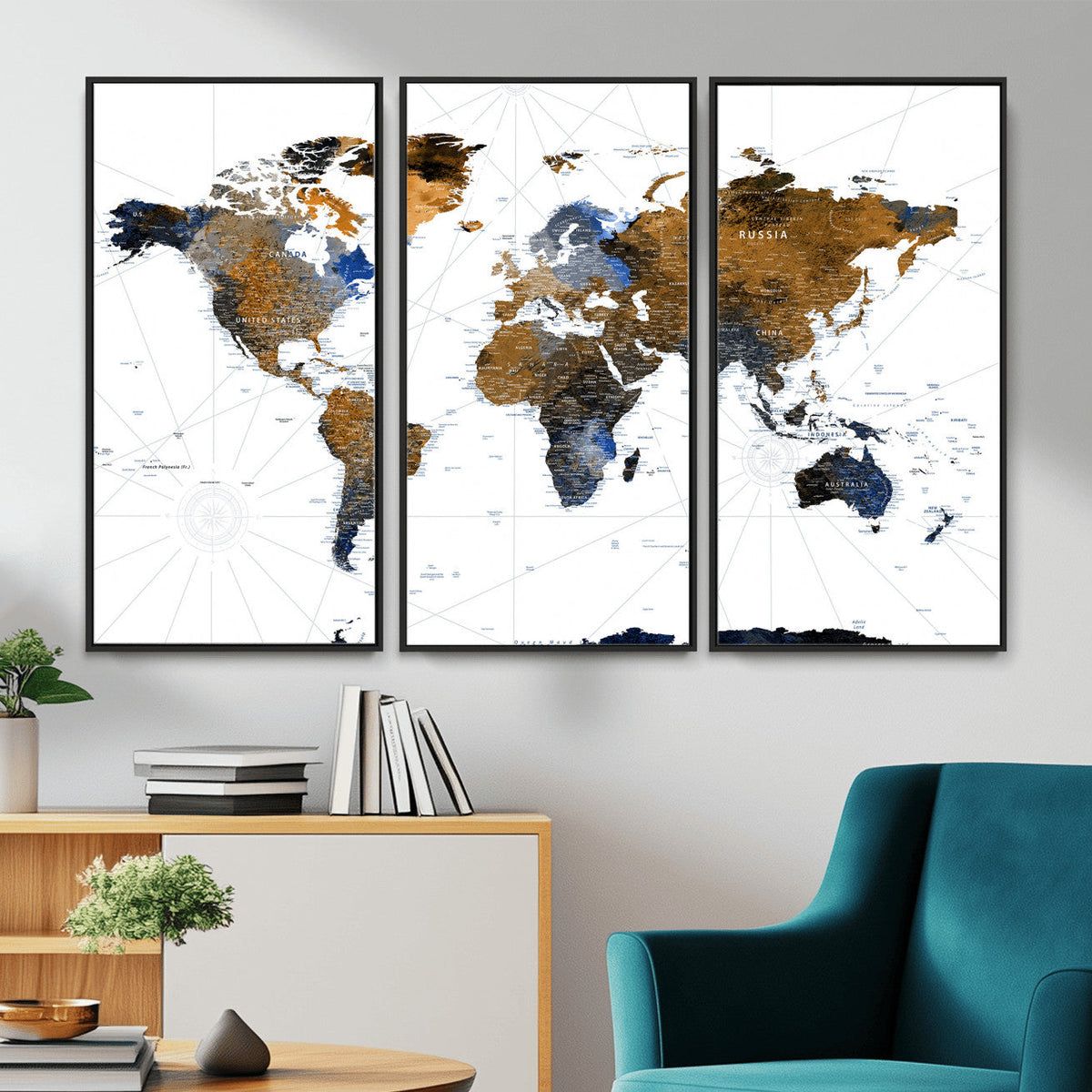 World Map Wall Art Canvas Print, Modern Decorative Framed