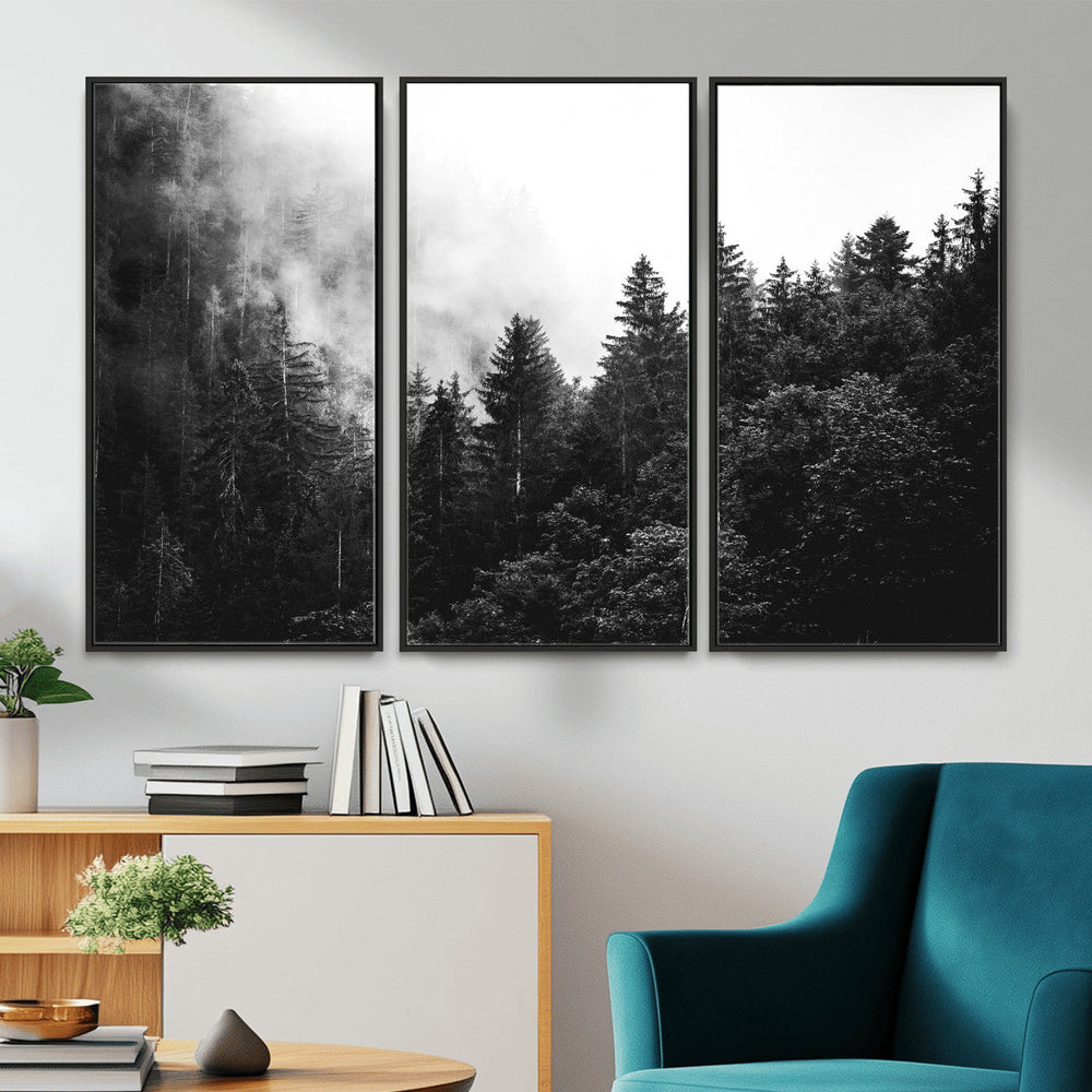 Black White Forest Wall Art Canvas Print, Misty Pine Tree
