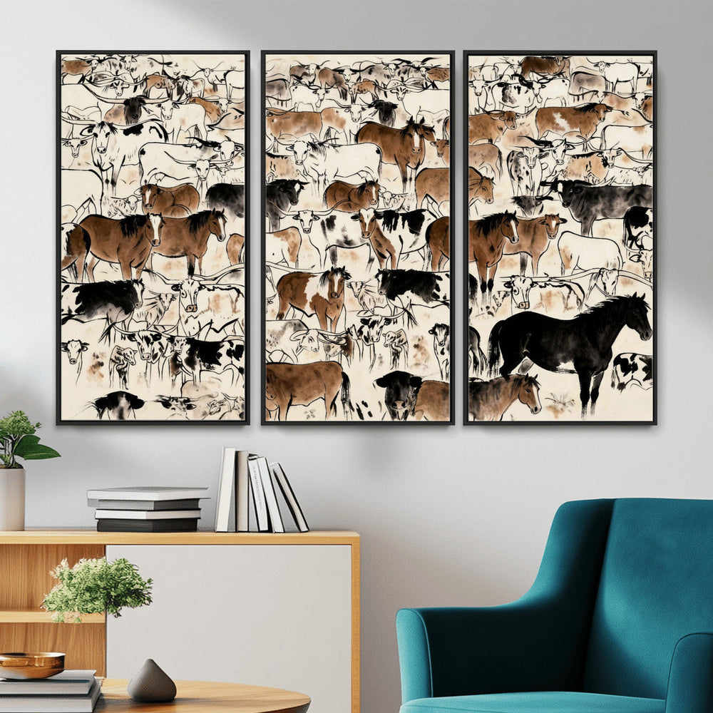 Farmhouse Animals Horse Longhorn Cow Wall Art Canvas Print -
