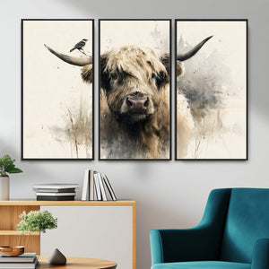 Abstract Highland Cow Wall Art Canvas Print, Rustic Farm