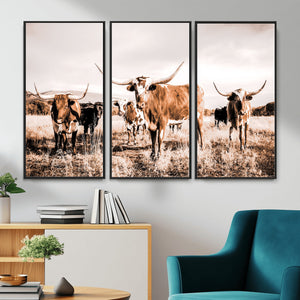 Texas Longhorn Cattle Wall Art Canvas Print, Sepia Western