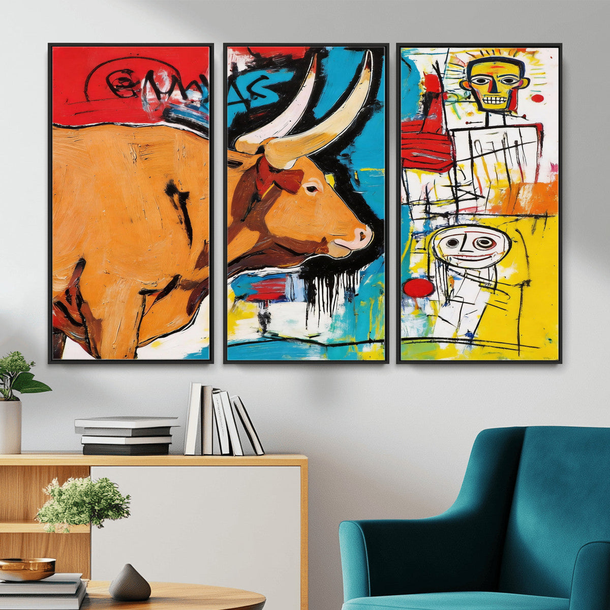 Basquiat Style Bull Graffiti Wall Art Canvas Print, Street