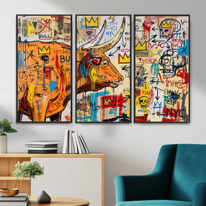 Basquiat Style Bull Graffiti Wall Art Canvas Print, Street