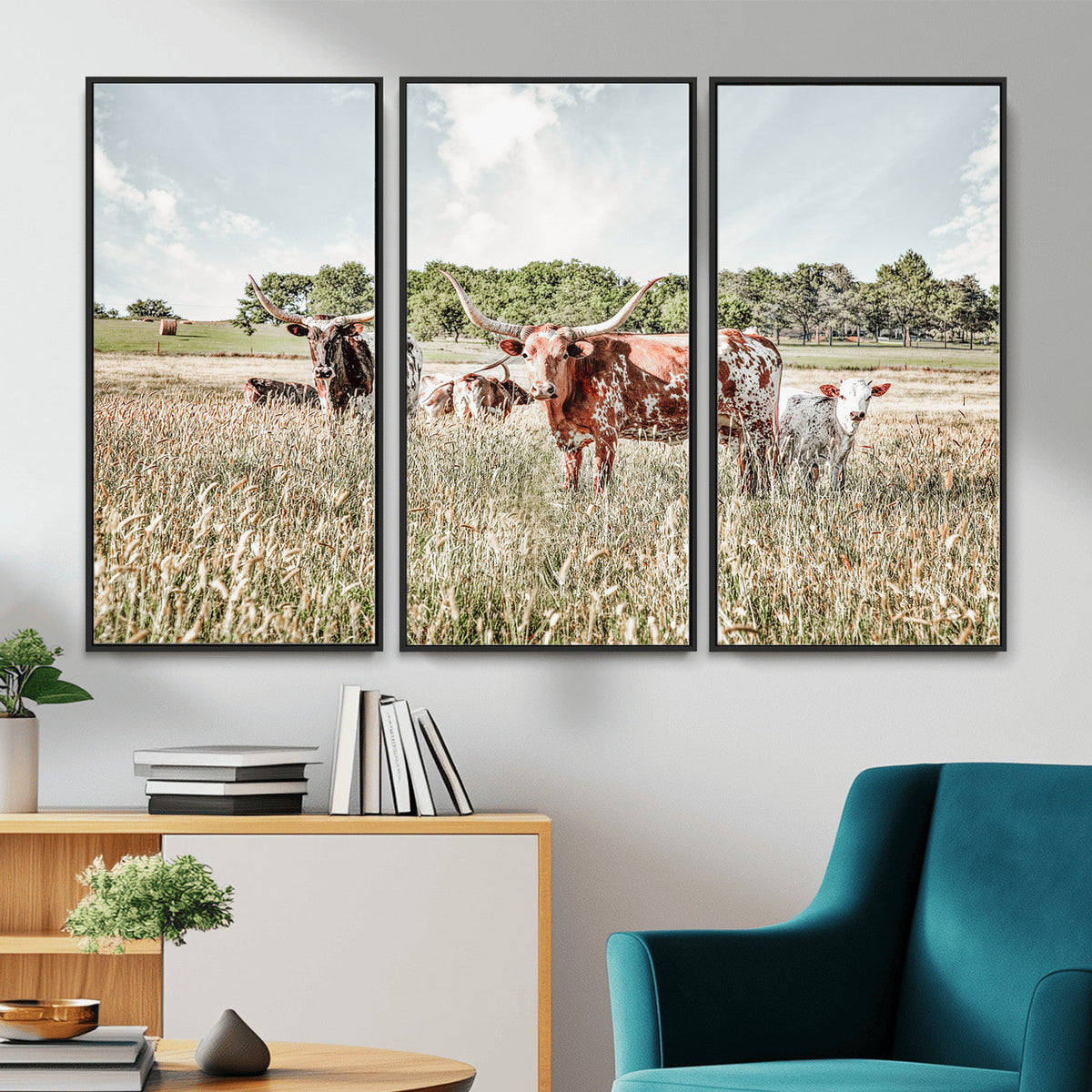Texas Longhorn Cattle Wall Art Canvas Print, Rustic Ranch