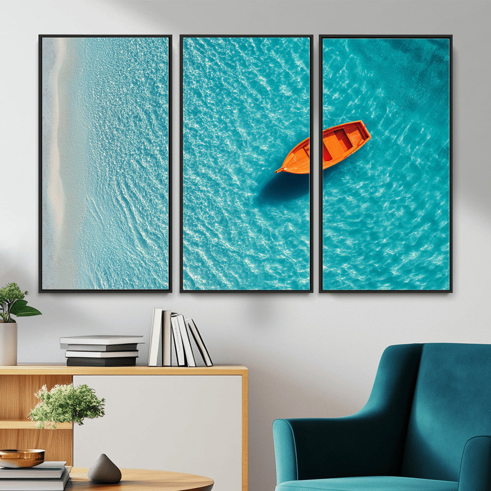 Minimalist Boat Wall Art Canvas Print, Aerial Sea Landscape