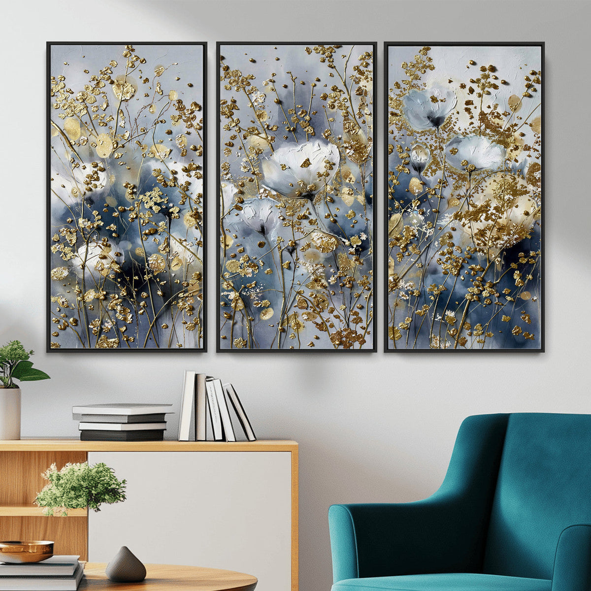 Abstract Floral Wall Art Canvas Print – Gold and Blue