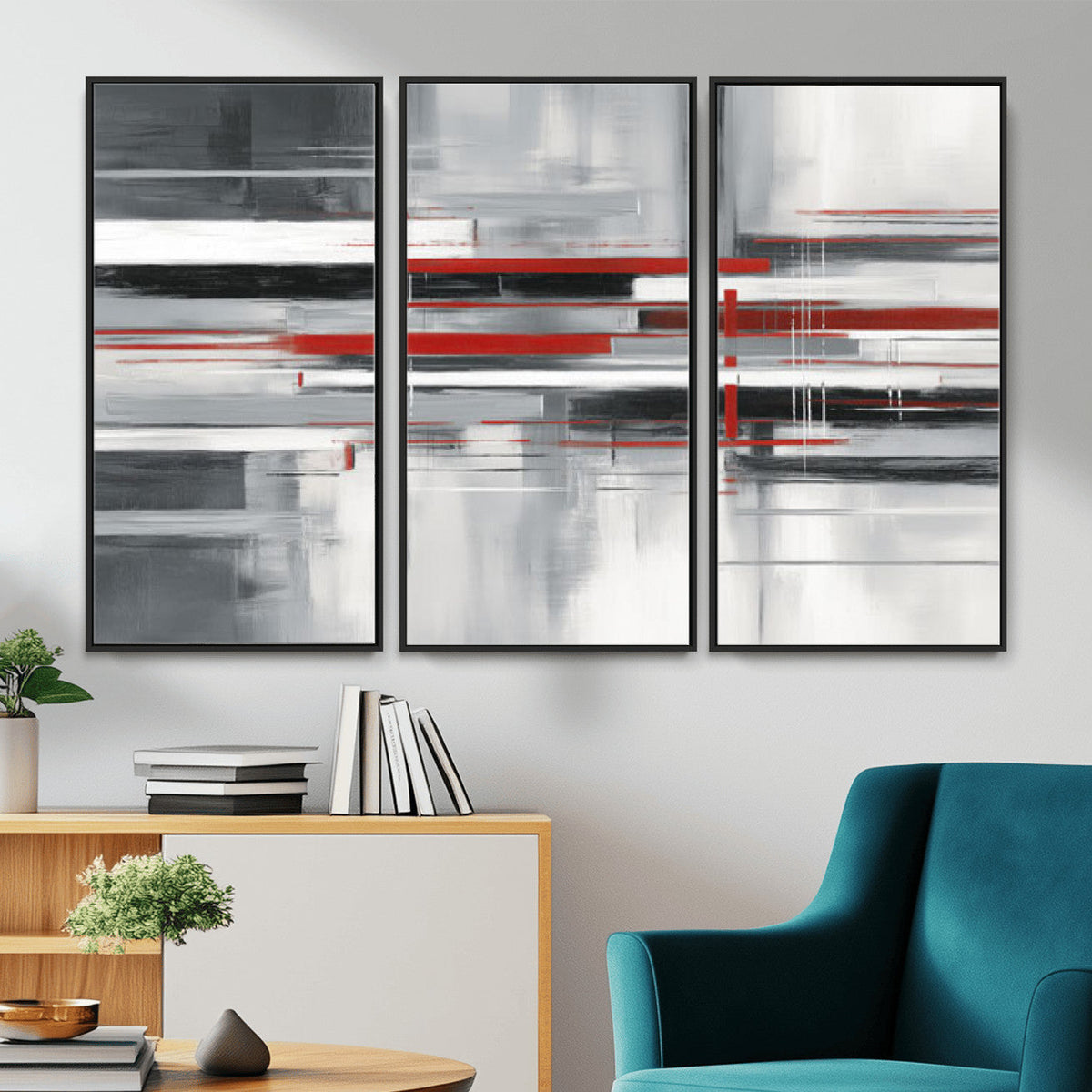 Gray Red Abstract Wall Art Canvas Print, Modern Abstract