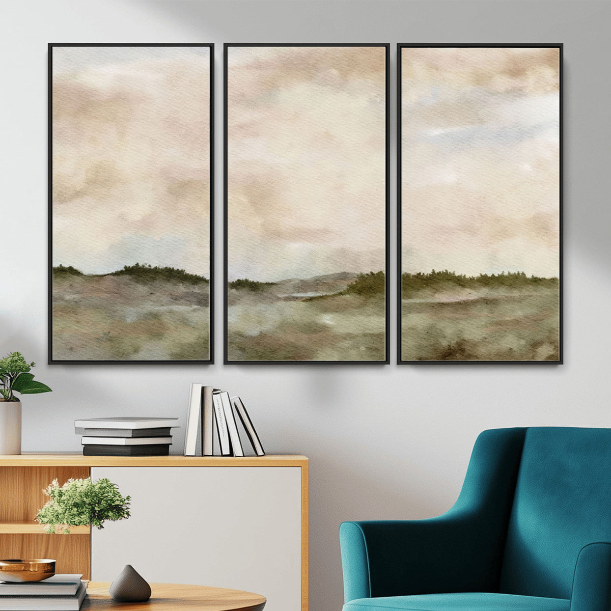 Muted Watercolor Hill Landscape Print — Beige Taupe Cloudy