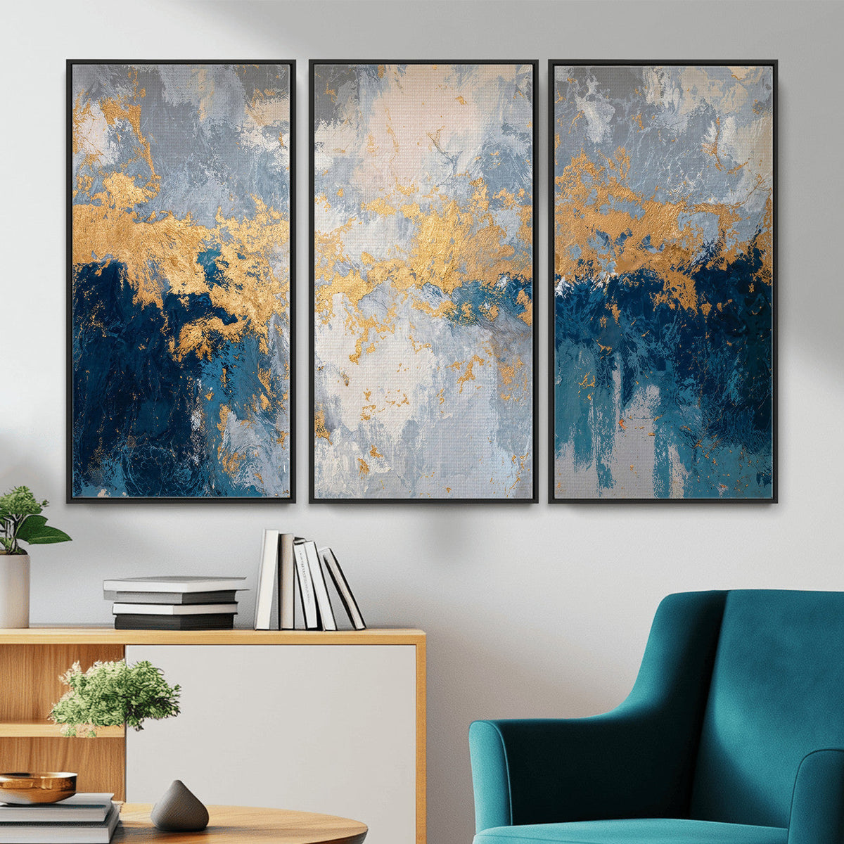 Blue Gold Abstract Large Framed Canvas Wall Art, Modern