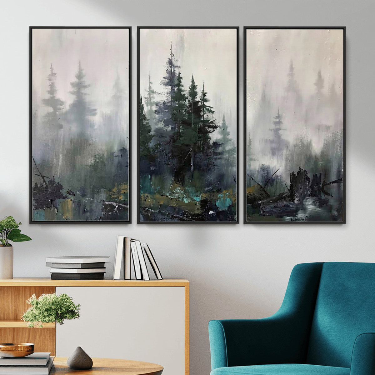 Misty Pine Forest Oil Painting Canvas — Dark Moody Teal Grey