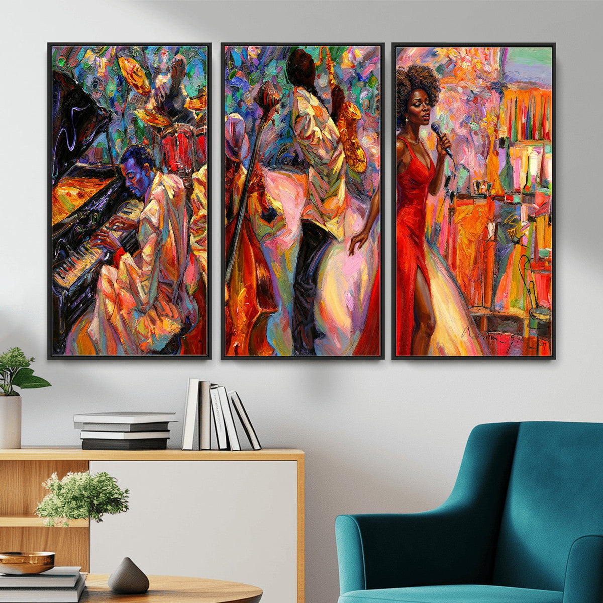 African American Jazz Singer Canvas Art — Red Dress Black