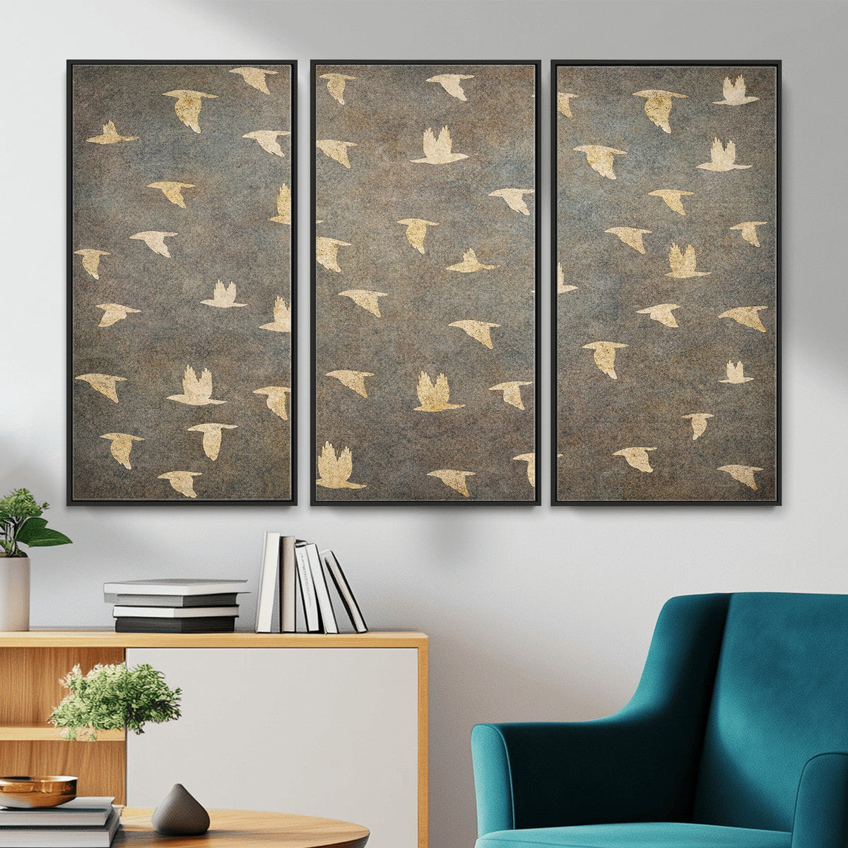 Flying Birds Canvas Wall Art, Vintage Bird Flock Pattern