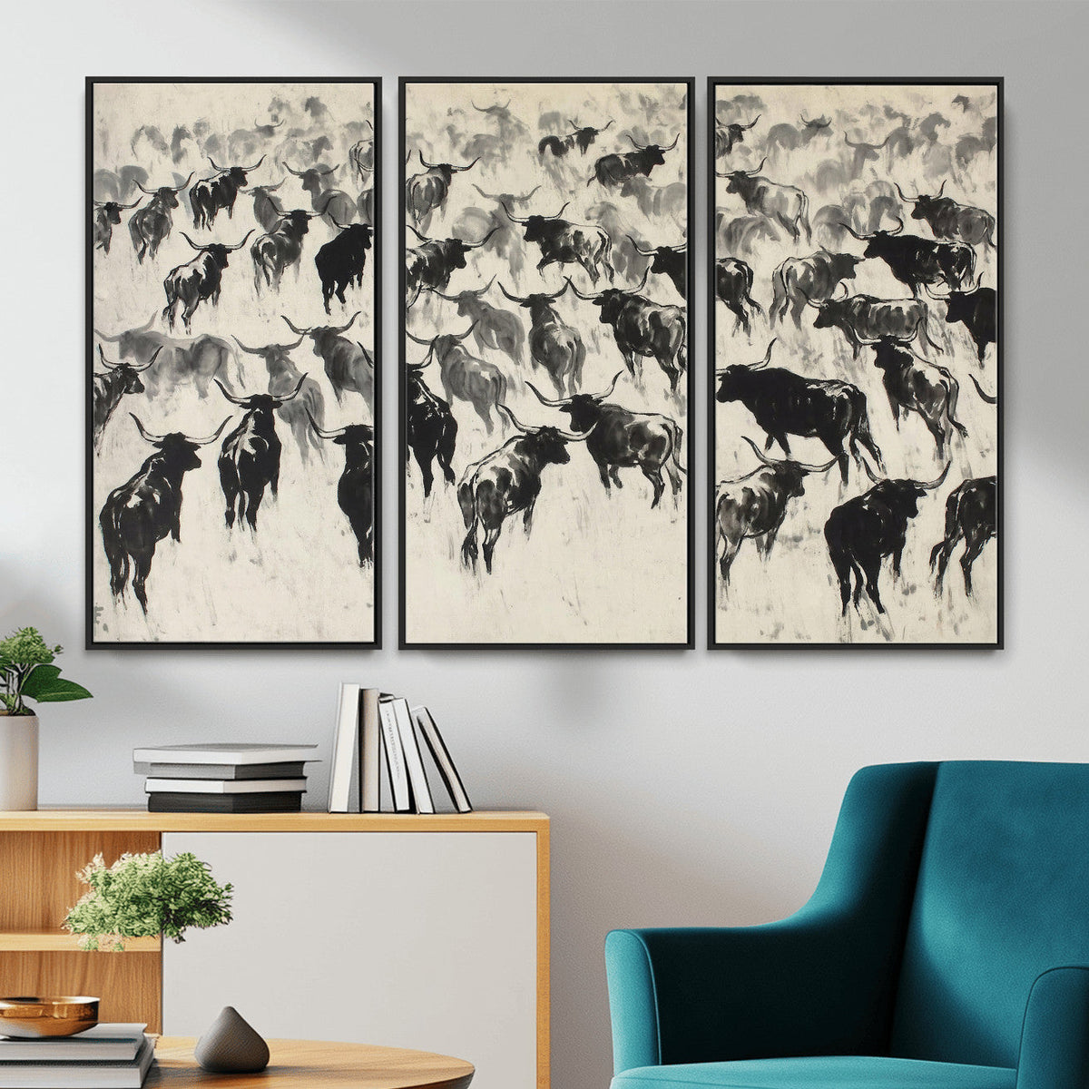 Longhorn Cattle Canvas Wall Art, Black White Stampede Ink