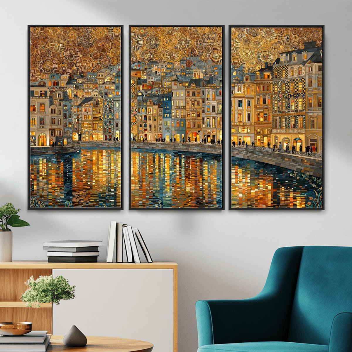 Gustav Klimt Golden Cityscape Wall Art Canvas Print, Framed