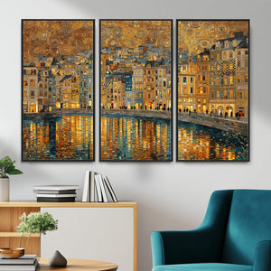 Gustav Klimt Golden Cityscape Wall Art Canvas Print, Framed