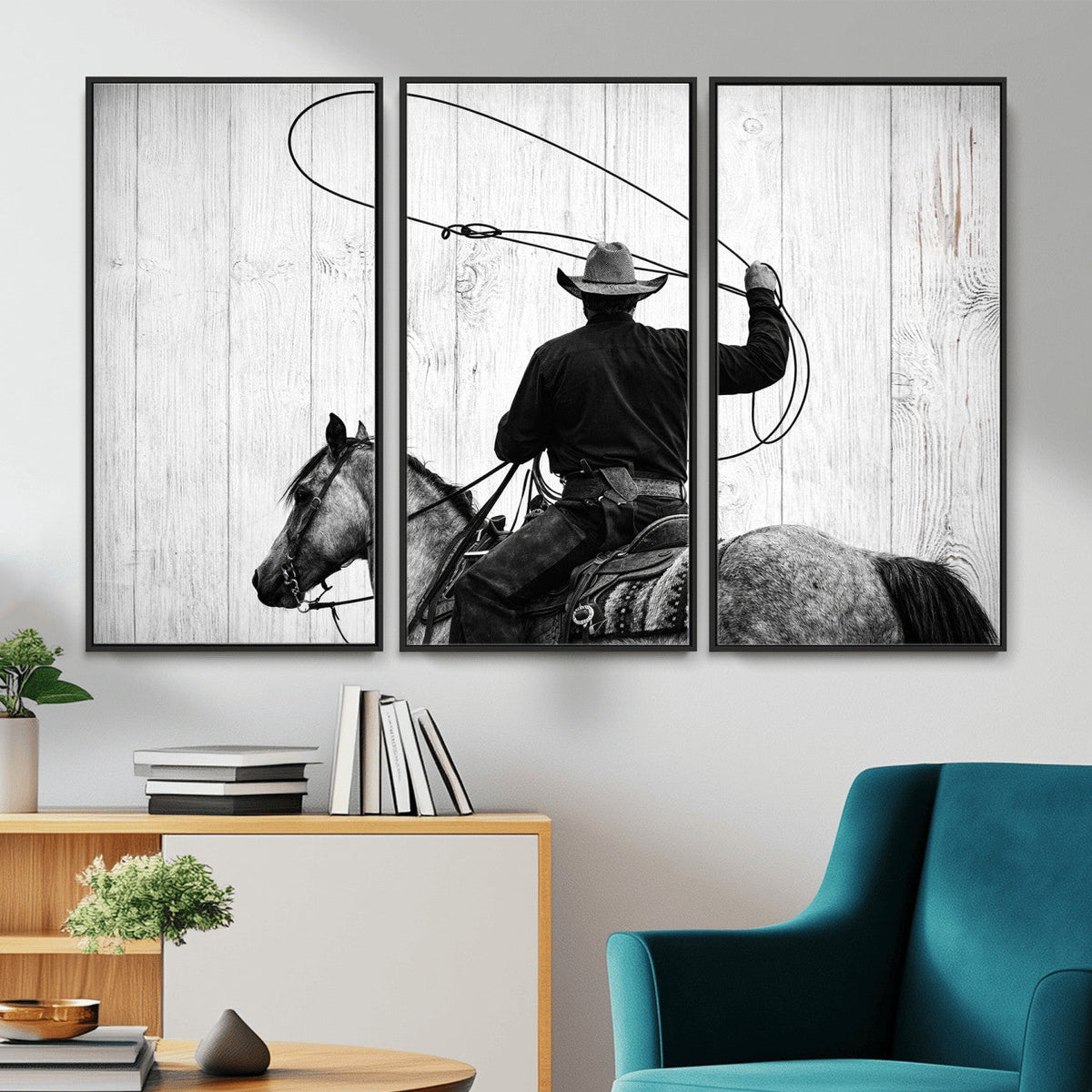 Cowboy Lasso Canvas Wall Art, Black White Western Horse