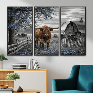 Texas Longhorn Canvas Wall Art, Rustic Farm Barn Bluebonnet