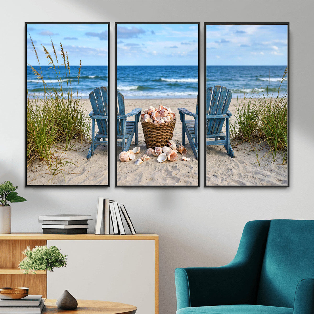 Large Beach Canvas Wall Art Coastal Adirondack Chairs Ocean