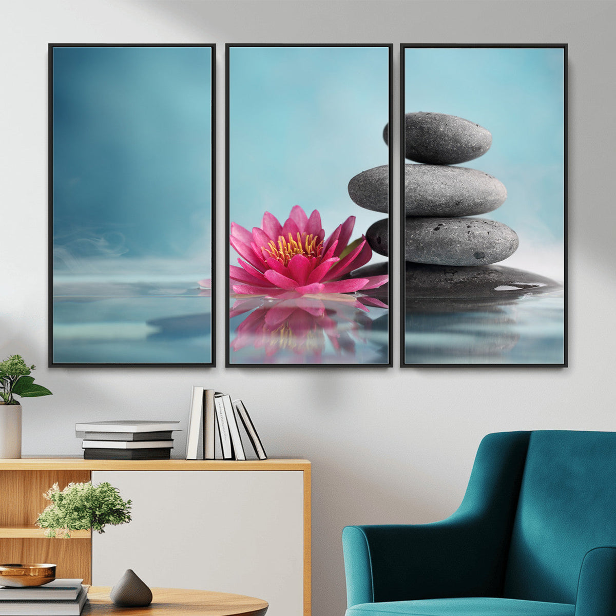 Zen Canvas Wall Art Lotus Flower Stacked Stones Teal Spa