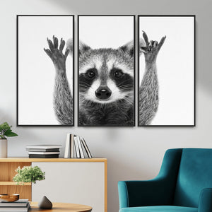 Funny Raccoon Canvas Wall Art, Black White Hands Up Animal Photo Print, Humorous Wildlife Decor, Kids Room Nursery Art, Quirky Animal Gift