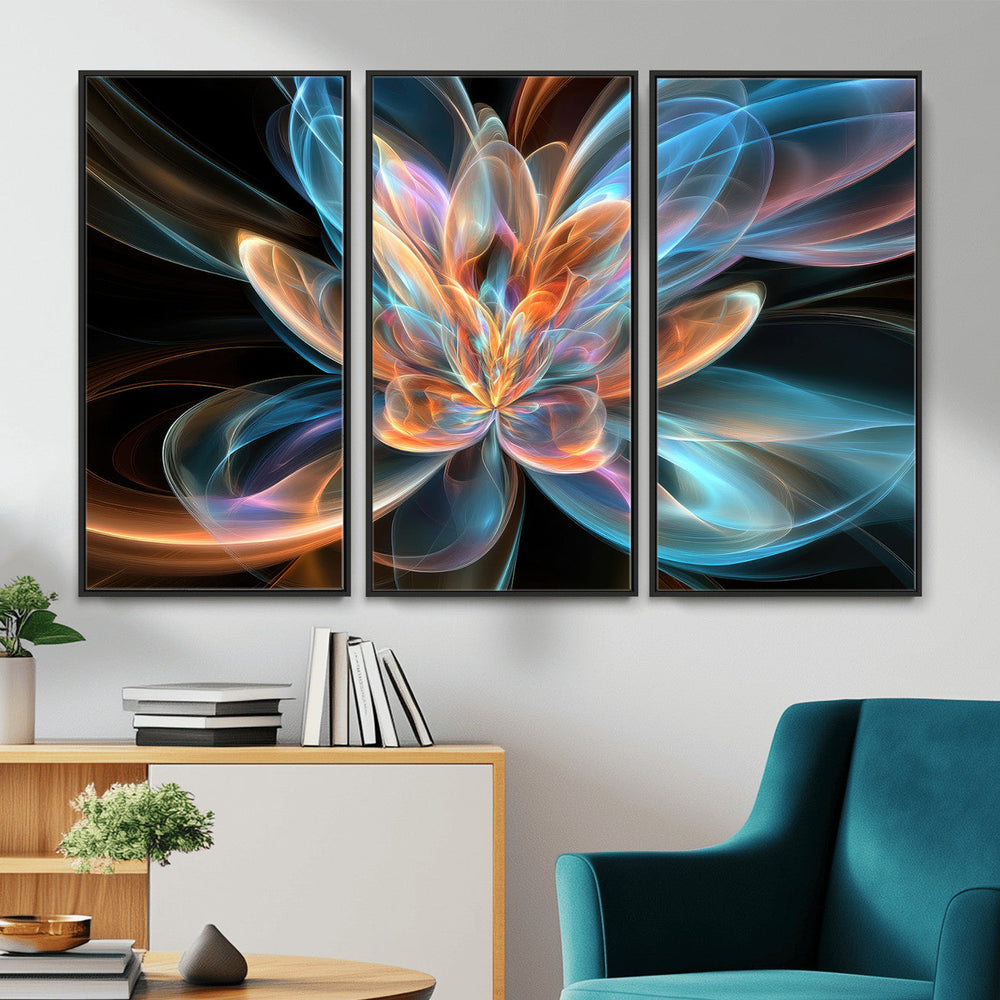 Fractal Lotus Canvas Wall Art, Blue Orange Glowing Flower Abstract Print, Modern Zen Meditation Room Decor, Ethereal Digital Art, Living Room