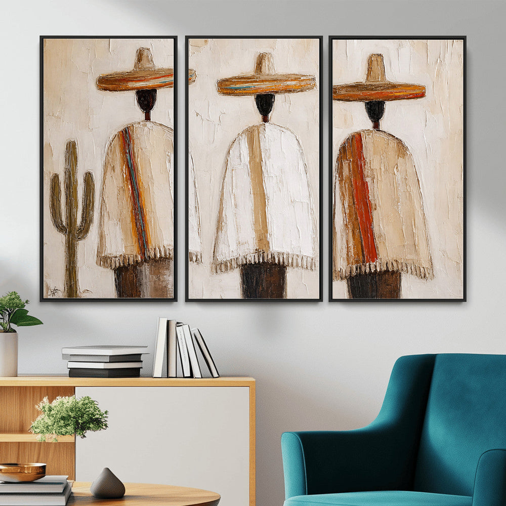 Mexican Wall Art Canvas Print, Southwestern Sombrero Poncho Painting, Neutral Earthy Boho Decor, Fiesta Living Room Art, Impasto Style Print