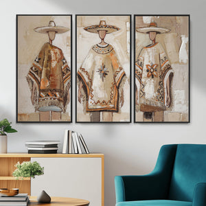 Mexican Folk Art Canvas Wall Art, Charro Poncho Sombrero Painting Print, Neutral Beige Boho Decor, Southwestern Impasto Style, Living Room Art