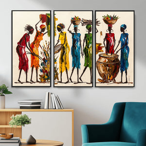 African Folk Art Canvas Wall Art, Colorful African Women Village Painting Print, Tribal Ethnic Home Decor, Vibrant African Art, Living Room