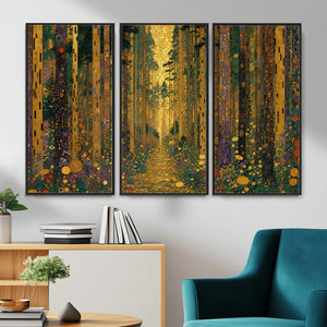 Gustav Klimt Style Forest Canvas Wall Art, Golden Forest Path Floral Art Nouveau Print, Enchanted Woodland Decor