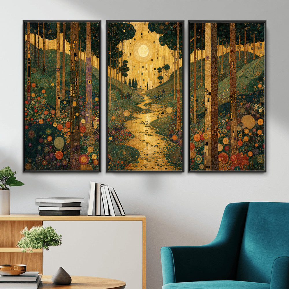 Gustav Klimt Style Forest Canvas Wall Art, Golden Forest Path Floral Art Nouveau Print, Enchanted Woodland Decor