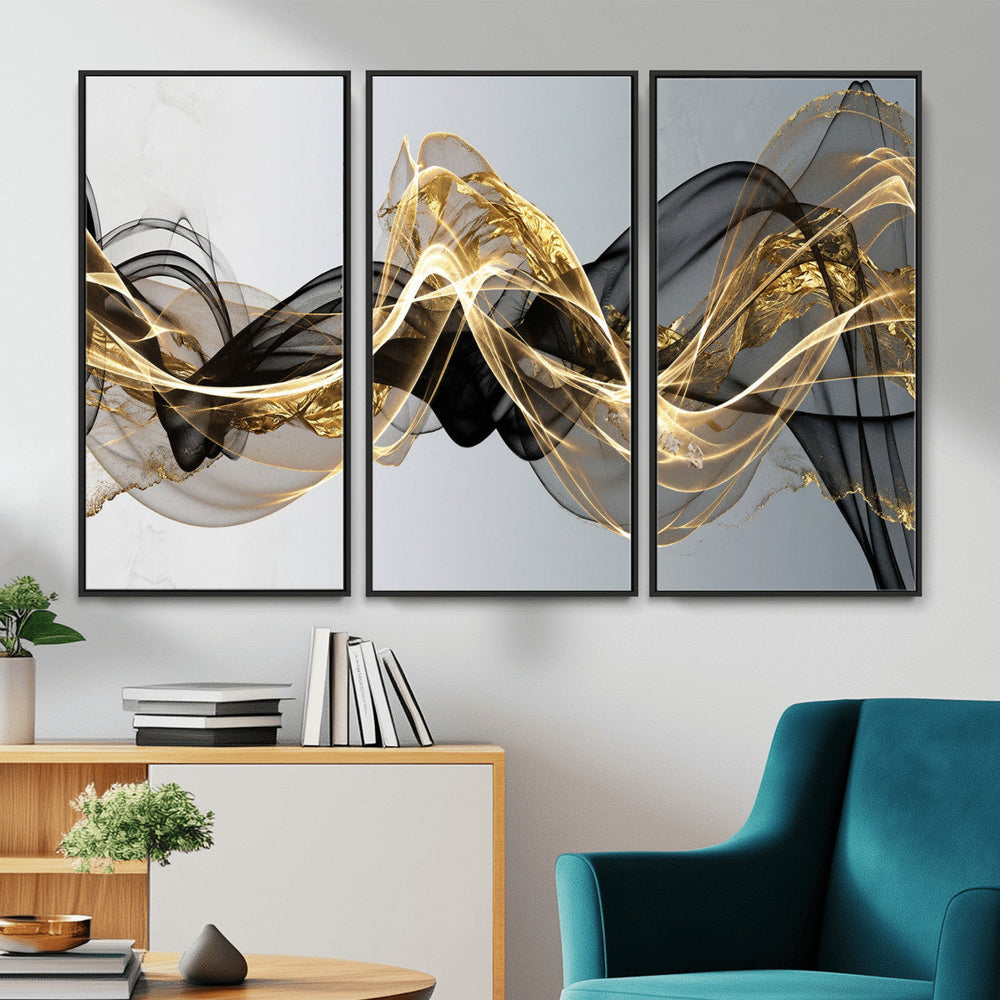 Black and Gold Abstract Wall Art, Modern Wave Canvas Print, Elegant Flowing Smoke Art, Luxury Living Room Decor