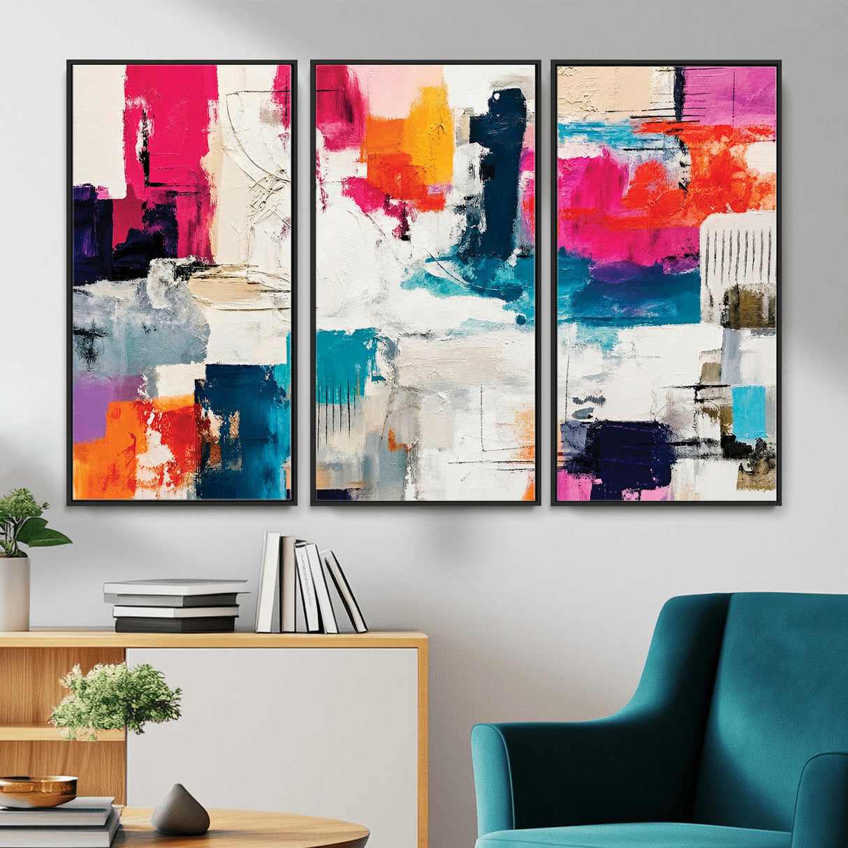 Blue Teal Abstract Canvas Wall Art, Modern Textured Painting Print, Navy Orange White Contemporary Art, Neutral Living Room Decor, Office Art