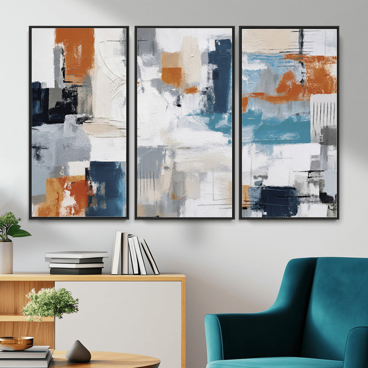 Blue Teal Abstract Canvas Wall Art, Modern Textured Painting Print, Navy Orange White Contemporary Art, Neutral Living Room Decor, Office Art
