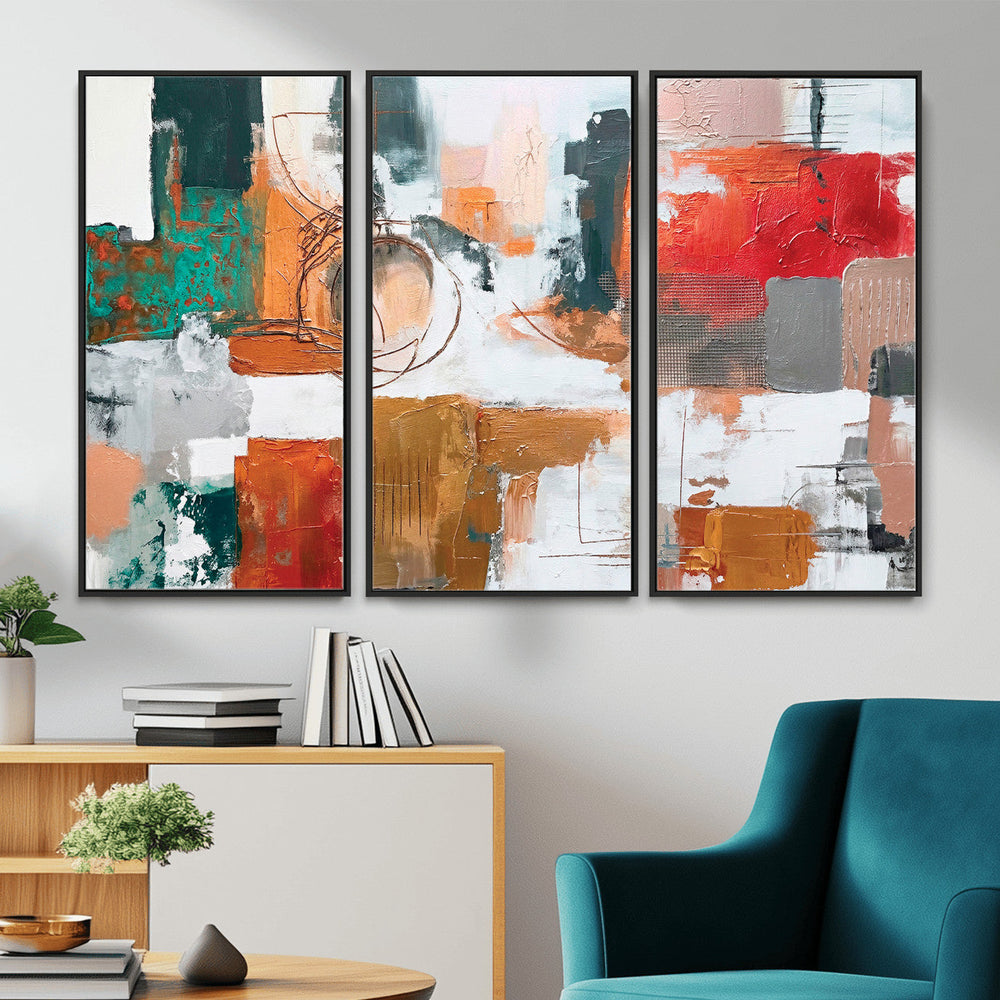 Blue Teal Abstract Canvas Wall Art, Modern Textured Painting Print, Navy Orange White Contemporary Art, Neutral Living Room Decor, Office Art