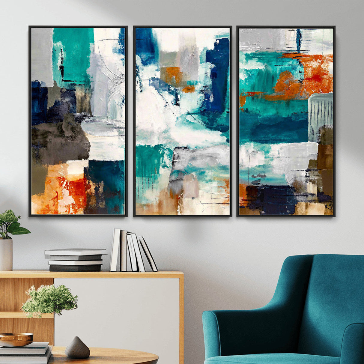 Blue Teal Abstract Canvas Wall Art, Modern Textured Painting Print, Navy Orange White Contemporary Art, Neutral Living Room Decor, Office Art