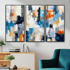 Blue Teal Abstract Canvas Wall Art, Modern Textured Painting Print, Navy Orange White Contemporary Art, Neutral Living Room Decor, Office Art