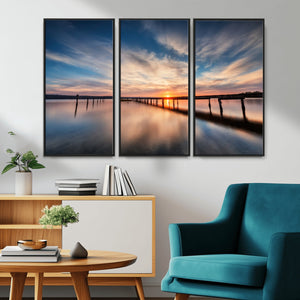 Wooden Pier on Seascape and Sunset Wall Art Canvas Print