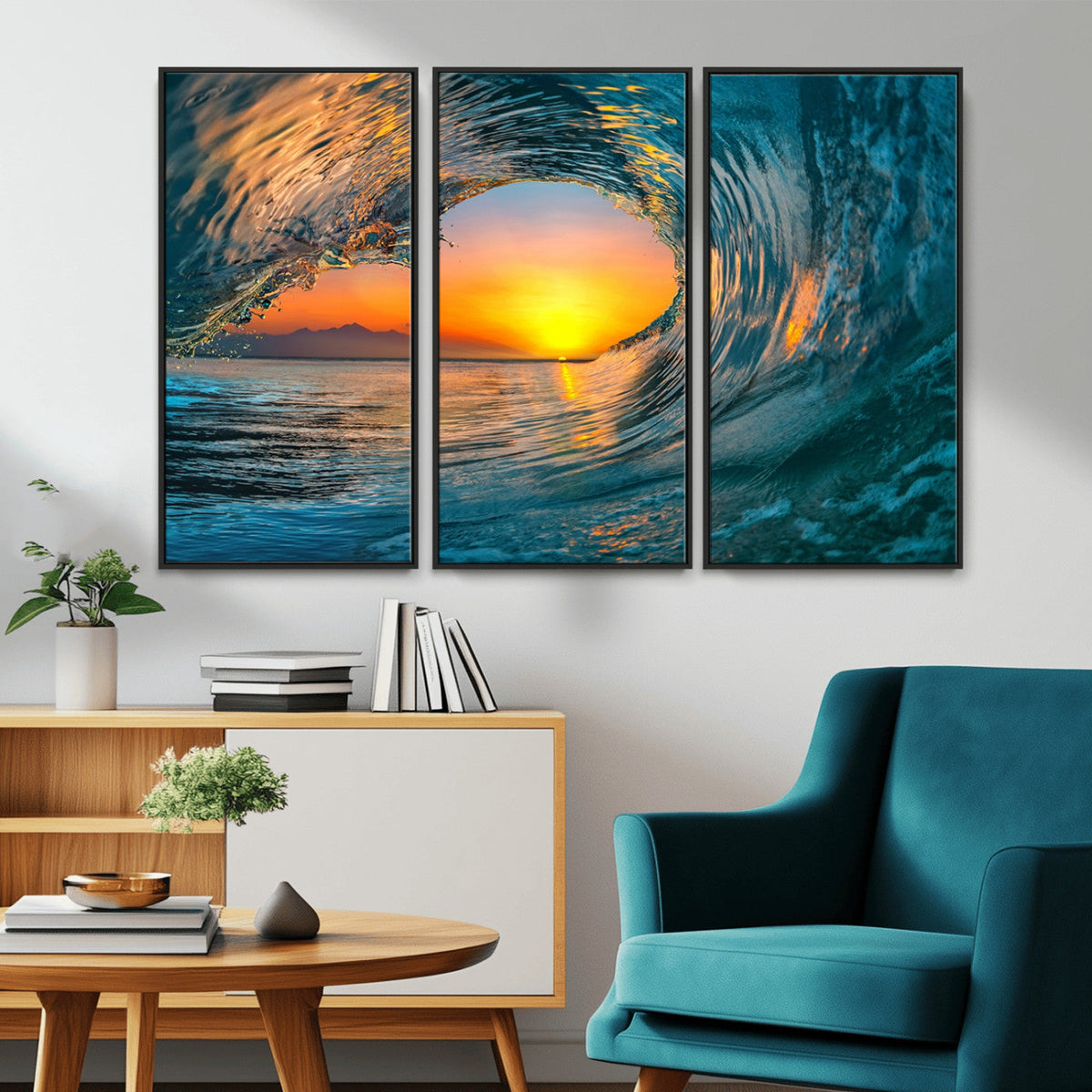 Ocean Wave Sunset Wall Art | Large Coastal Wave Canvas Print