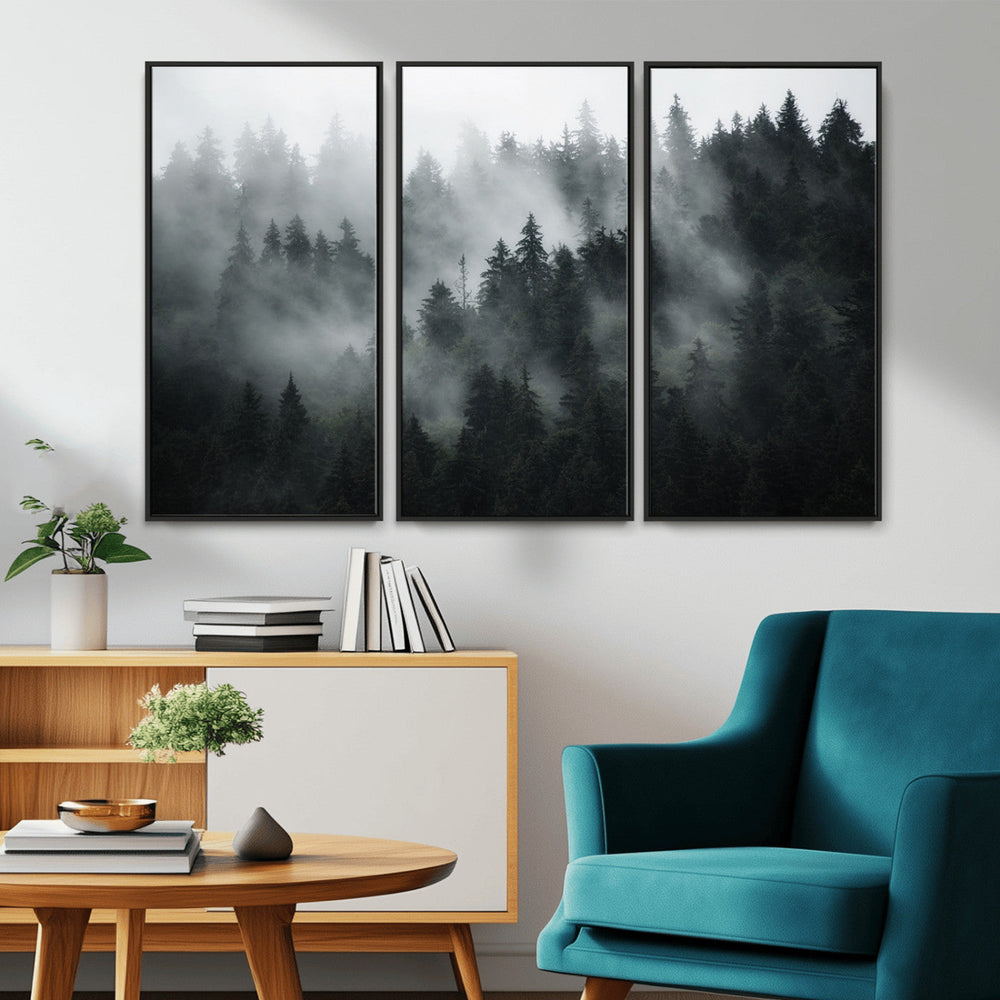 Foggy Forest Wall Art Canvas Print | 3 Panel Large Misty