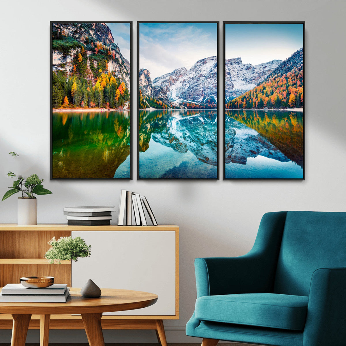 Spectacular autumn view of Braies Lake Wall Art Canvas Print